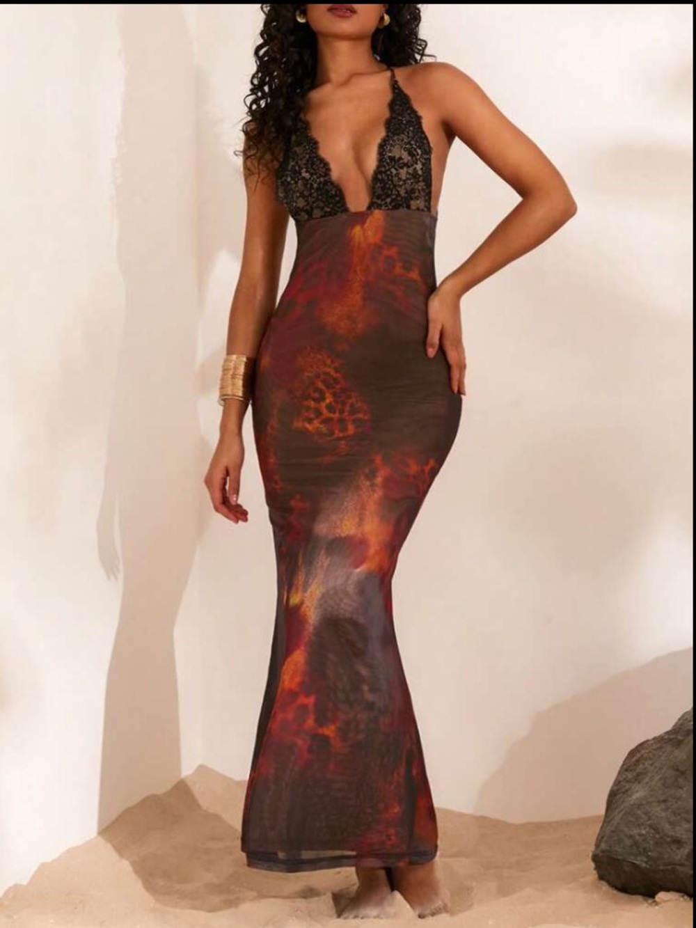 Shein Lace-Trim Halter Maxi Dress in Multicolor